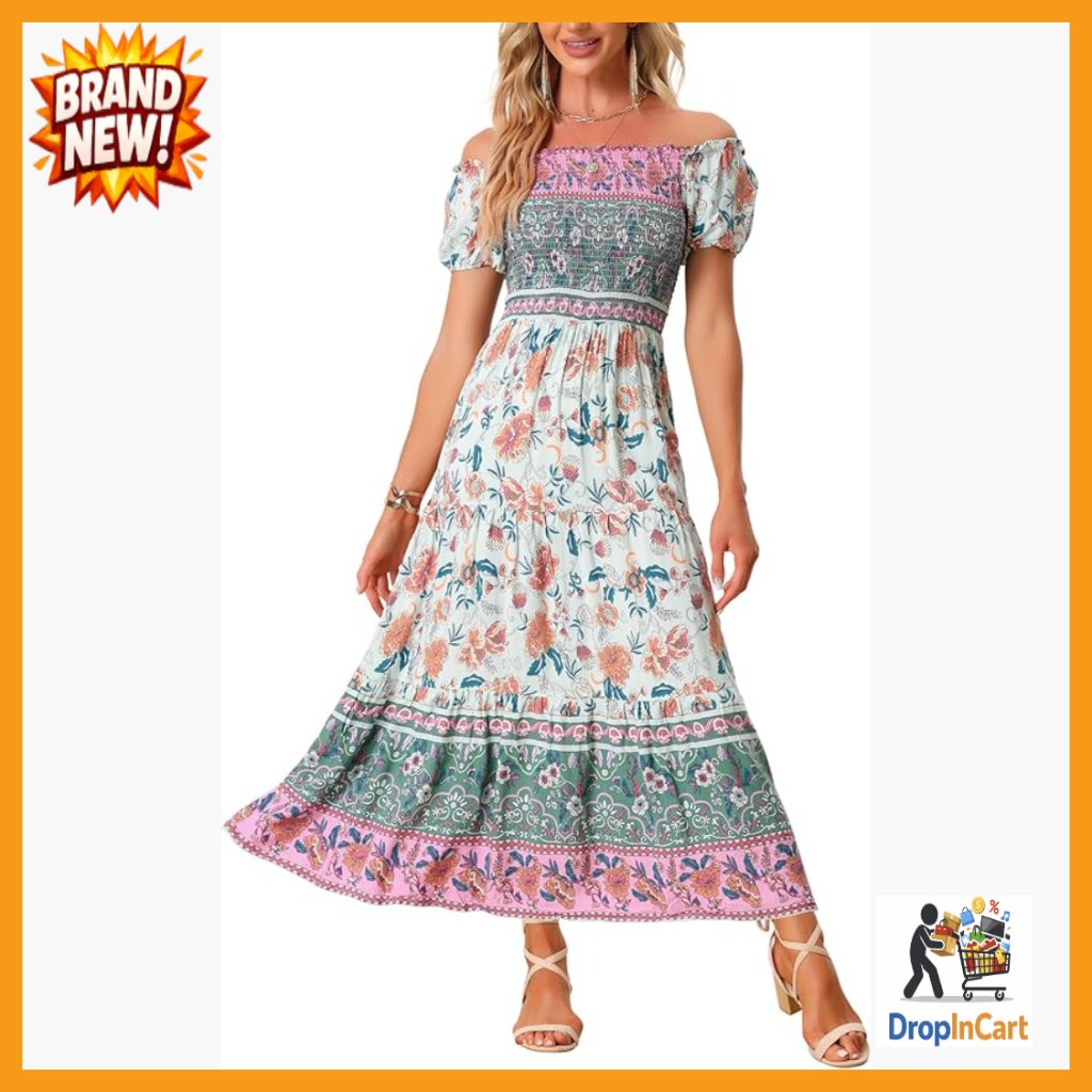 Boho Smocked Maxi Dress Flowy Off-Shoulder Floral Print Square Neck Ruffle Hem